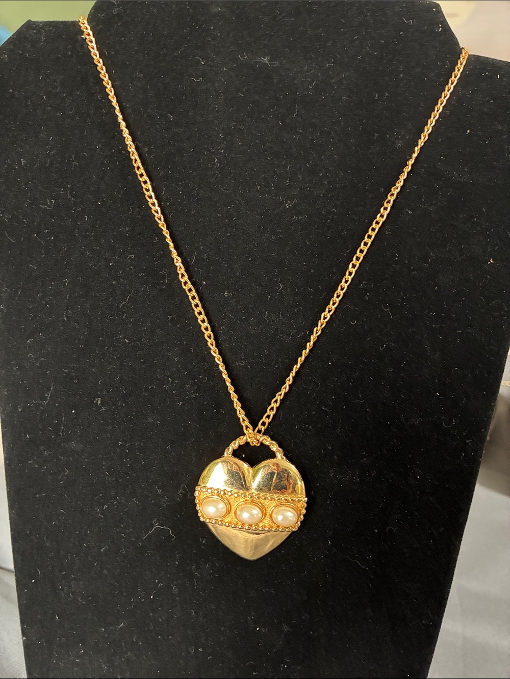 Vintage gold-tone costume heart pendant marked MWS